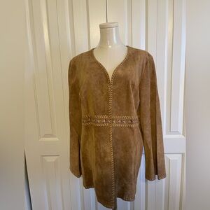 BRANDON THOMAS Lightweight Tan Suede Jacket, Whipstitch/Embroidered, Size L, EUC